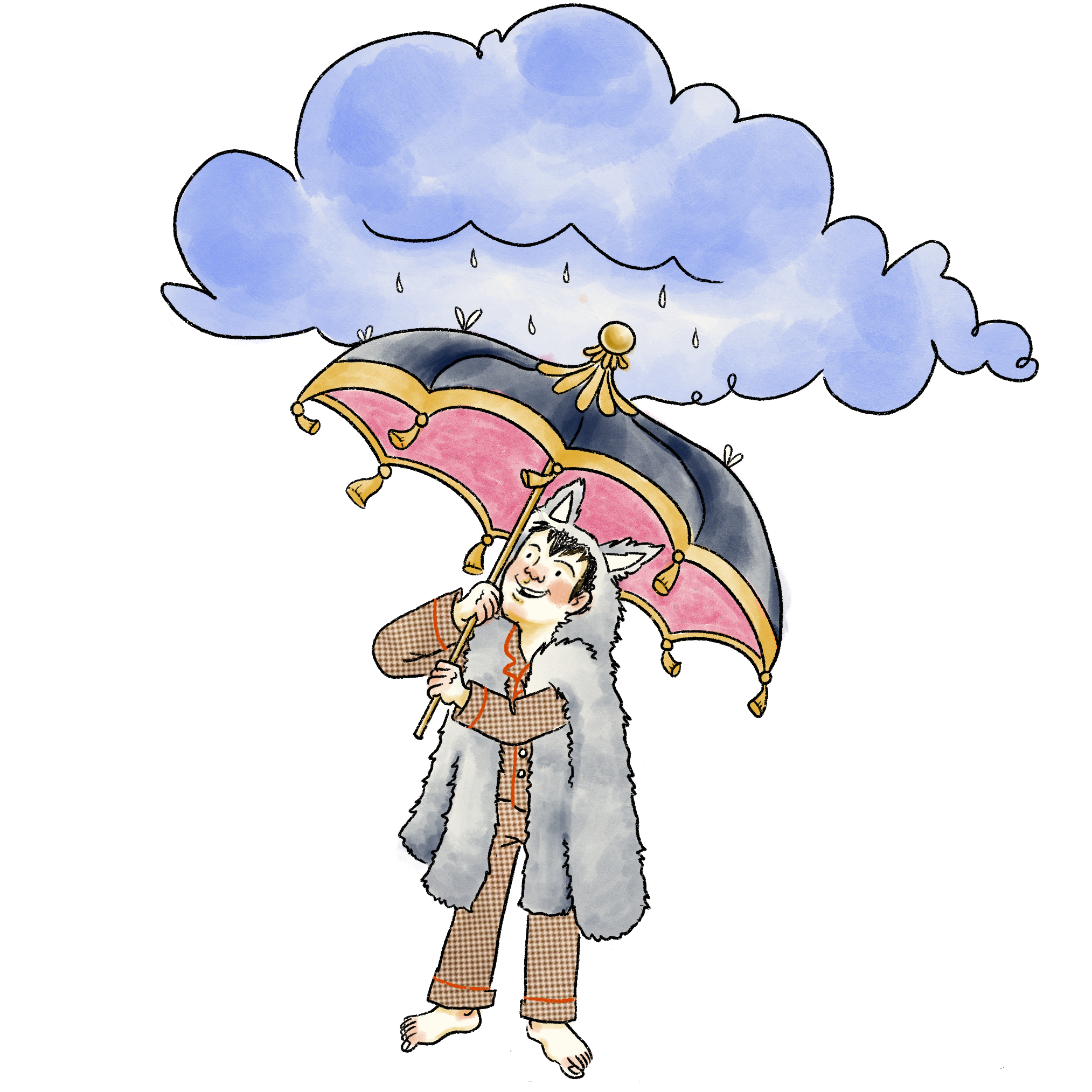 Illustration of a person holding an umbrella with a cloud above, on a white background